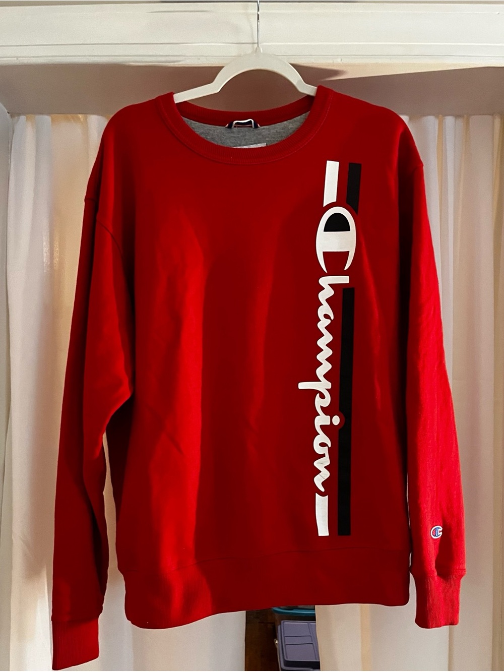 Champion Red Crewneck Sweatshirt with Vertical Logo
